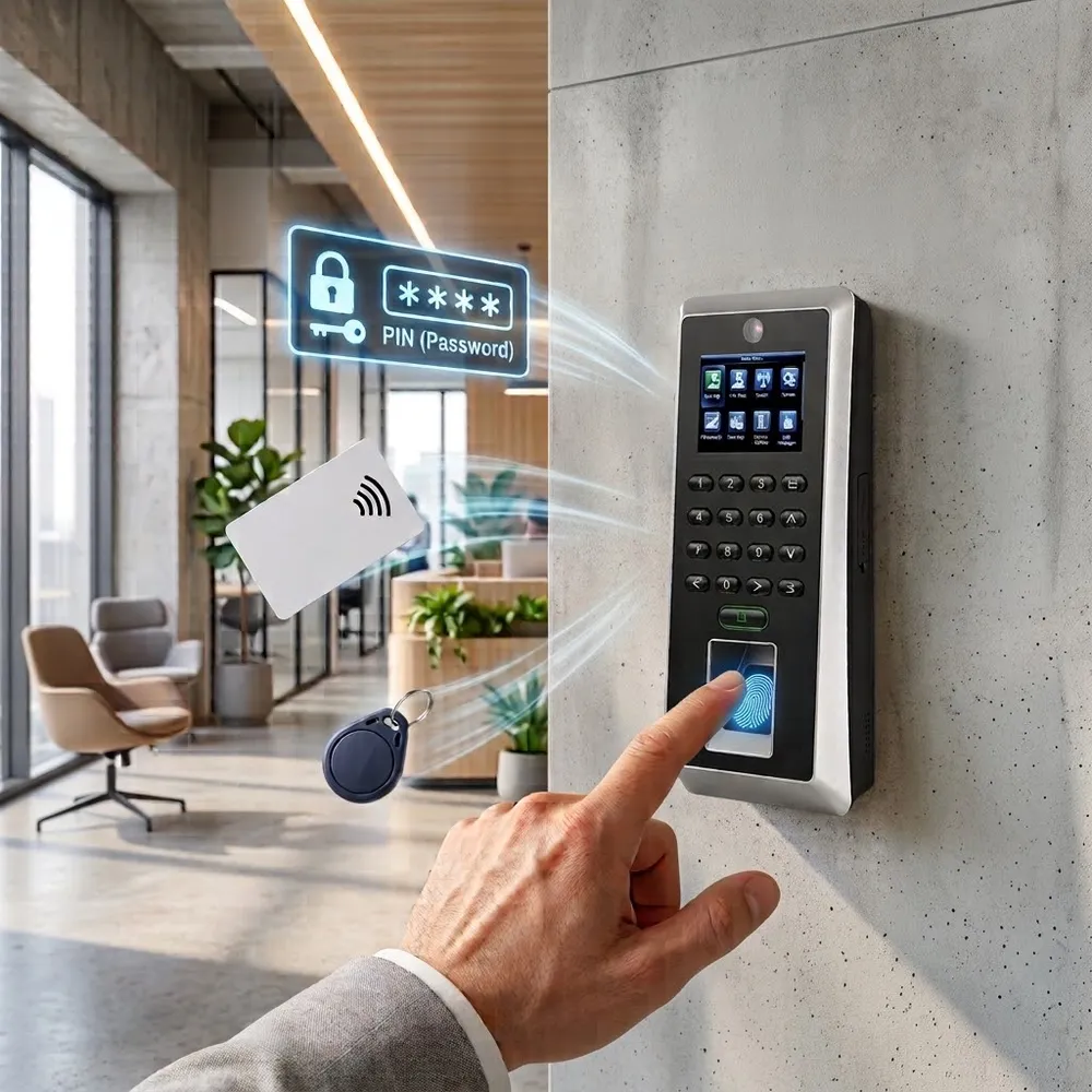 עובד משתמש בכרטיס RFID ובמקלדת קוד